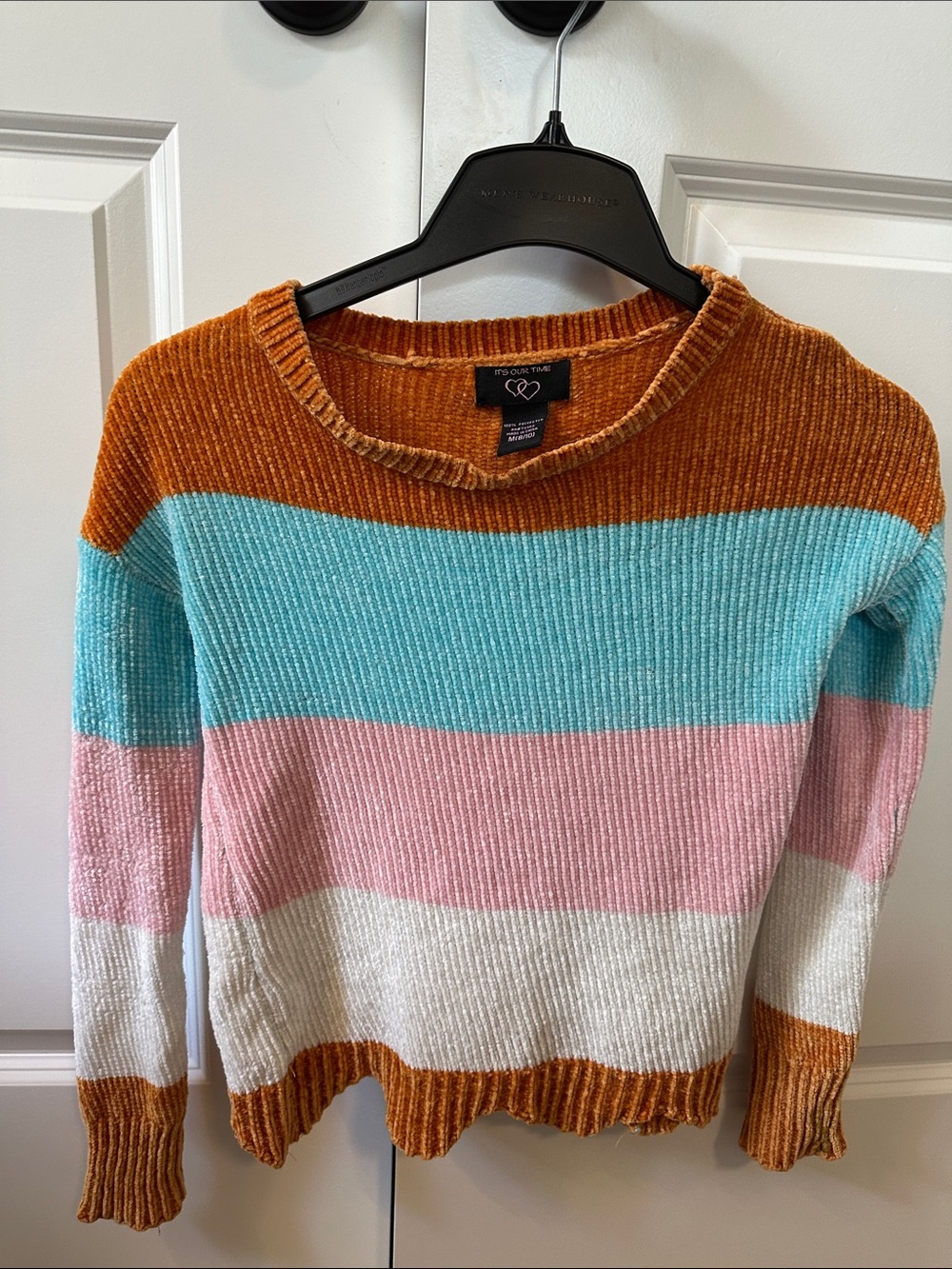 It's Our Time Colorblock Chenille Crewneck Sweater in Rust, Aqua, Pink, Cream